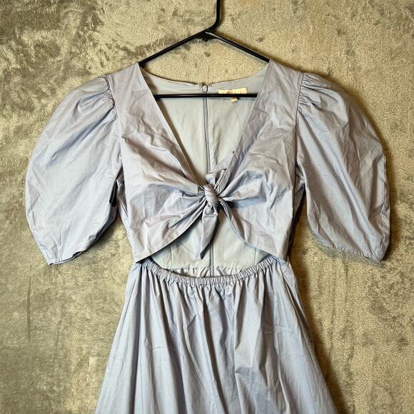 WAYF Peggy Twist Cut Out Short Puff Sleeve Midi Dress Blue Wedding Summer Cute 8 - Picture 5 of 8